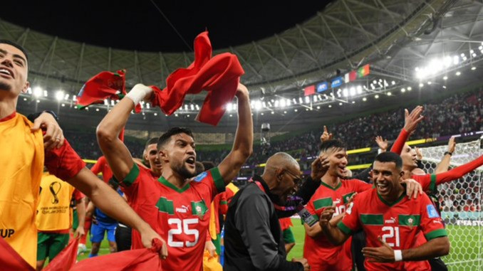 Pemain Timnas Maroko merayakan kemenangan atas Portugal