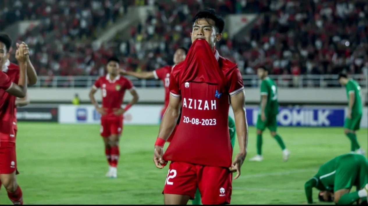 Selebrasi Pratama Arhan untuk sang istri Azizah usai mencetak gol di laga lawan Turkmenistan pada Kualifikasi Piala Asia U-23, Selasa (12/9/2023).