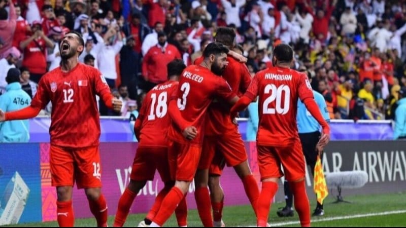 Selebrasi Ali Madan setelah mencetak gol untuk Bahrain dalam pertandingan melawan Malaysia di Piala Asia 2023, di Stadion Jassim bin Hamad, Qatar, Sabtu (20/1/2024) malam WIB.