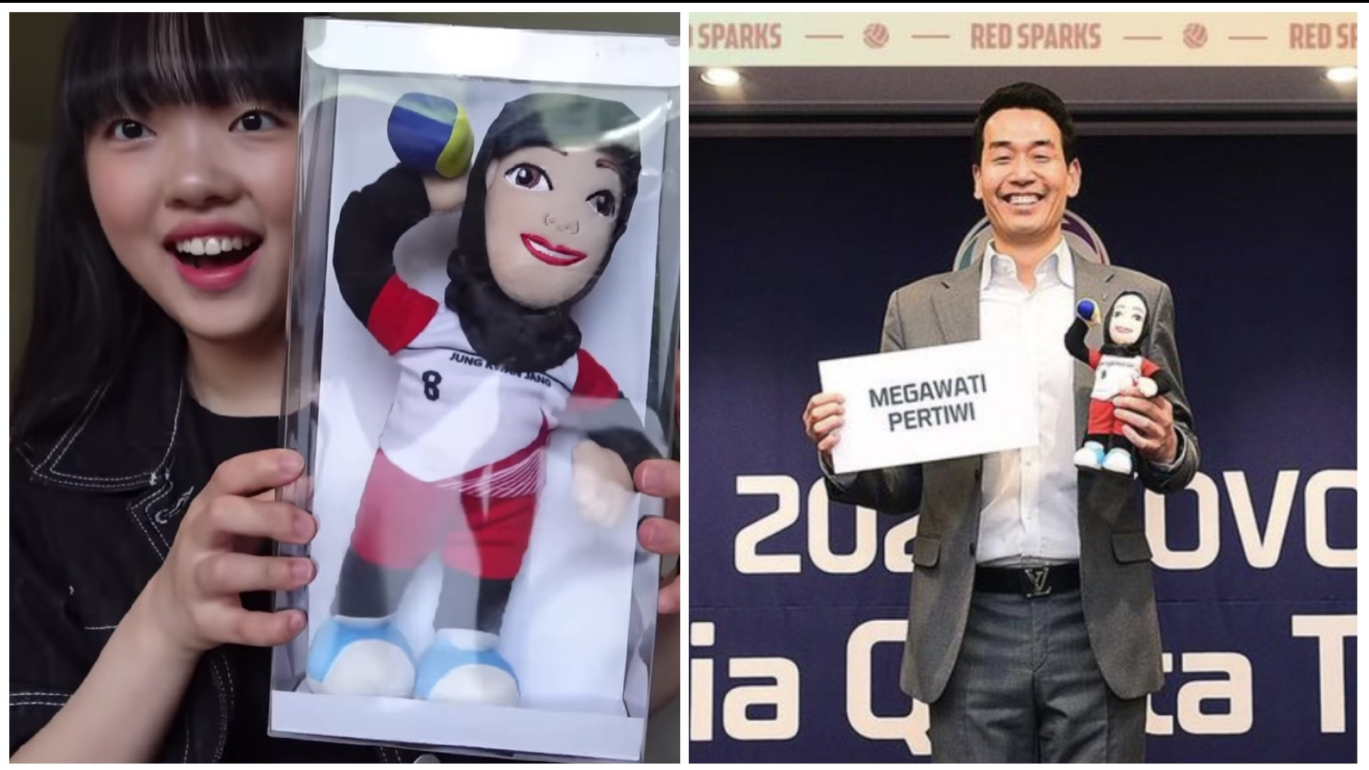 Kolase foto Lee Si-un dan Ko Hee-jin dengan Boneka Megawati Hangestri