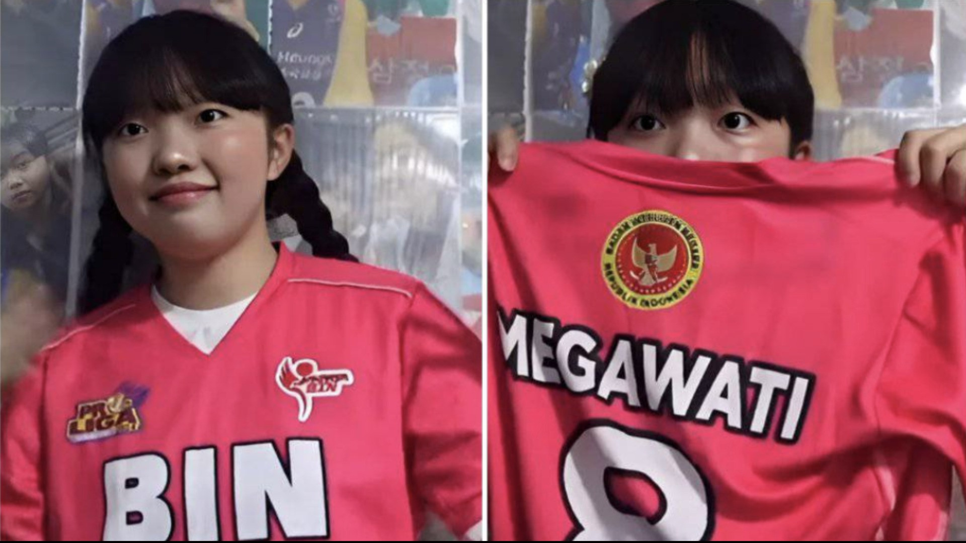 Kolase foto Lee Si-eun unboxing jersey Megawati Hangestri