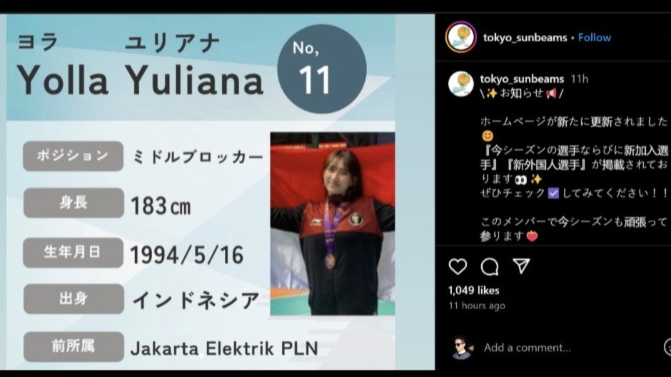 Profil Yolla Yuliana di akun resmi Tokyo Sunbeams