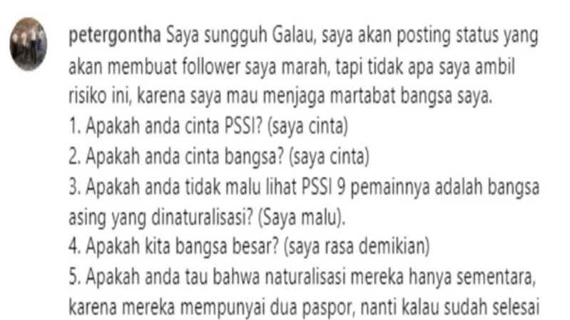 Potangan gambar unggahan Peter Gothan terkait kritik kebijakan naturalisasi pemain Timnas Indonesia oleh PSSI