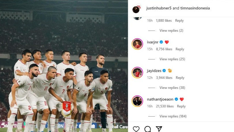 Para pemain Timnas Indonesia bereaksi terhadap unggahan Justin Hubner