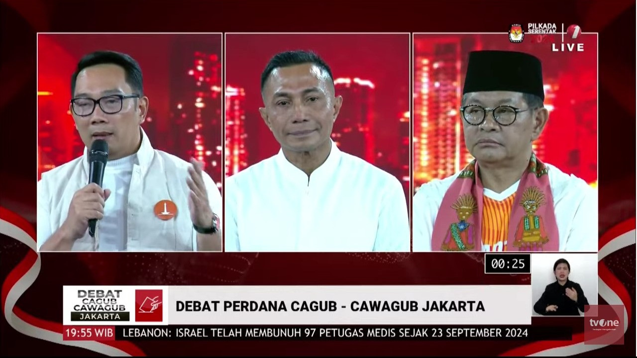 Debat perdana cagub-cawagub Jakarta di Jakarta International Expo (JIExpo), Kemayoran, Jakarta Pusat, Minggu (6/10/2024).