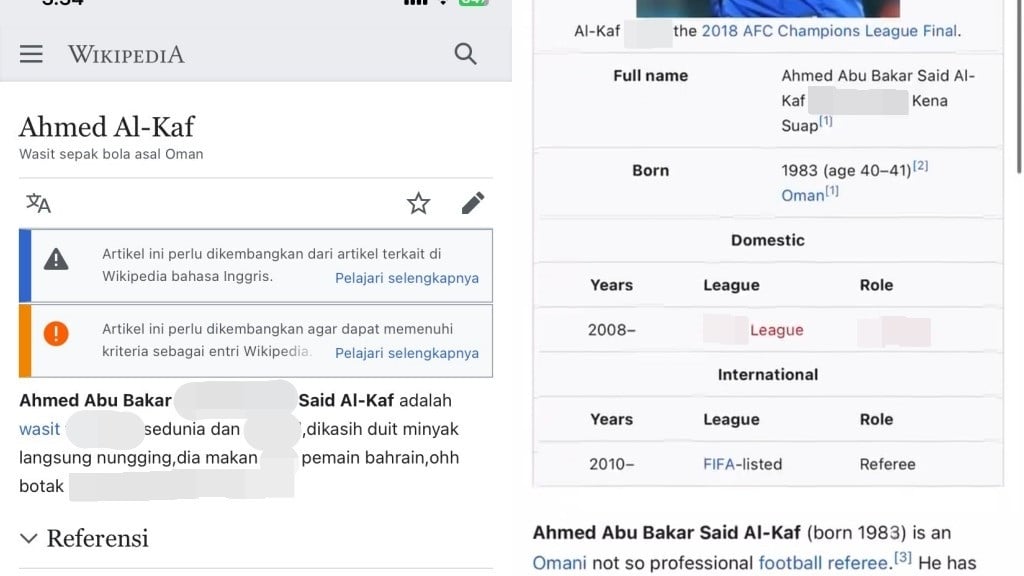 Informasi wasit Ahmed Al Kaf di Wikipedia yang diubah oleh netizen Indonesia.