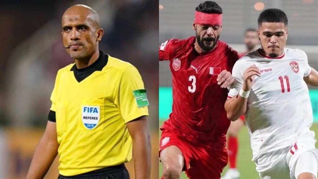 Wasit Ahmed Al Kaf (kiri), pemain Bahrain dan Indonesia yang sedang berlaga pada Kamis (11/10/2024).