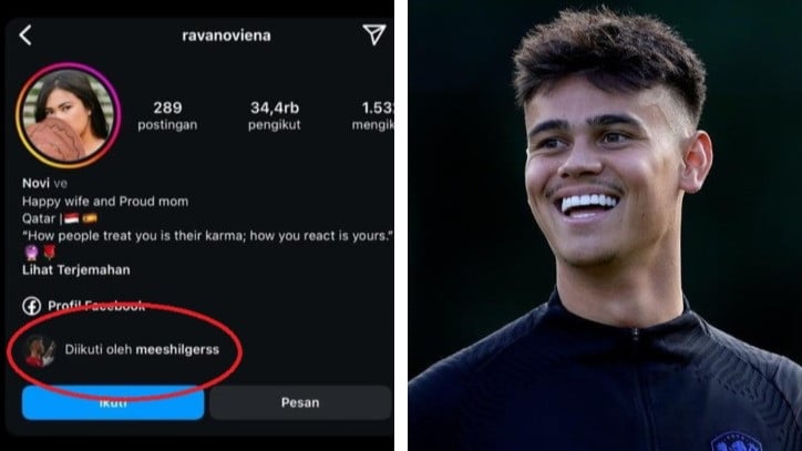 Kolase Pemain Timnas Indonesia Mees Hilgers dan akun instagram Novi Irnawati @ravanoviena