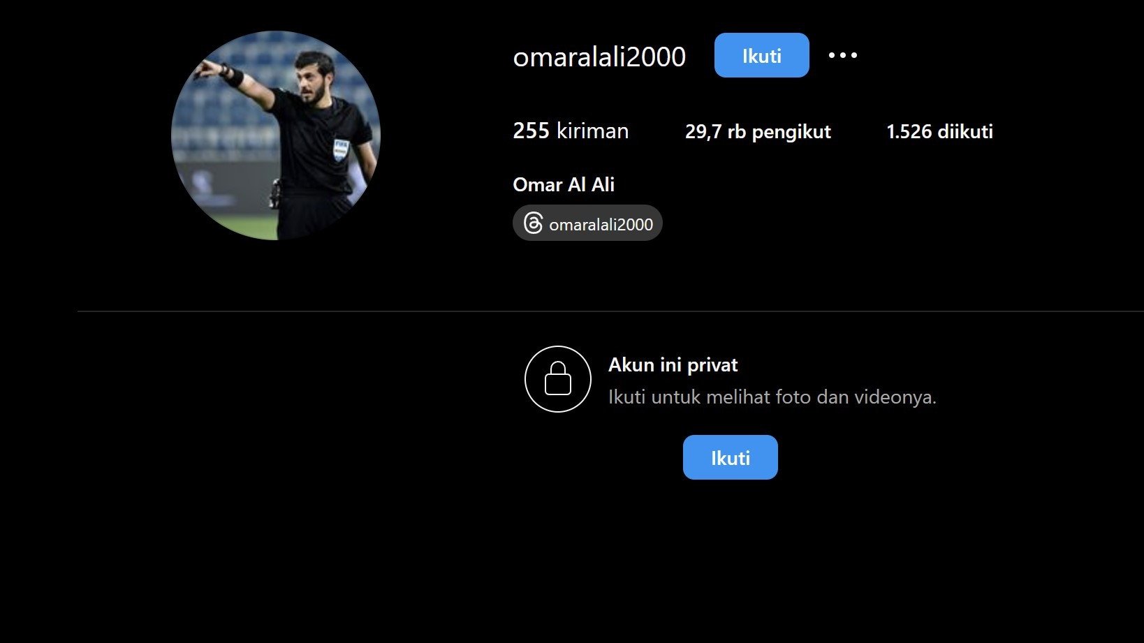 Akun instagram diduga milik Omar Muhamed Al Ali wasit yang akan bertugas di laga China vs Timnas Indonesia