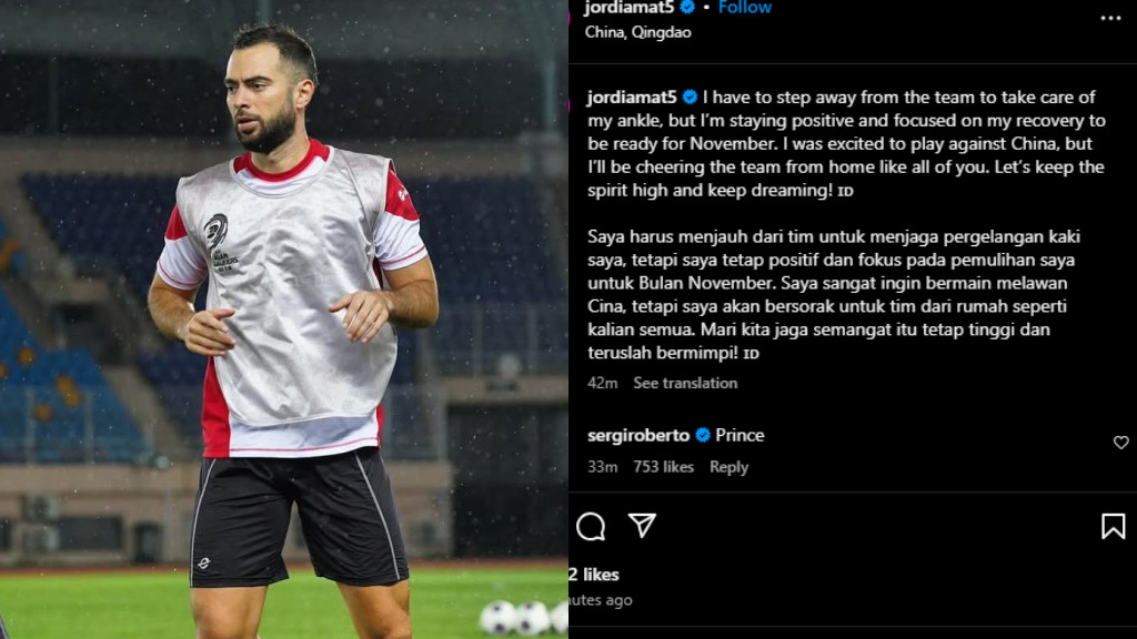 Unggahan Jordi Amat setelah dipastikan absen dalam laga Indonesia vs China