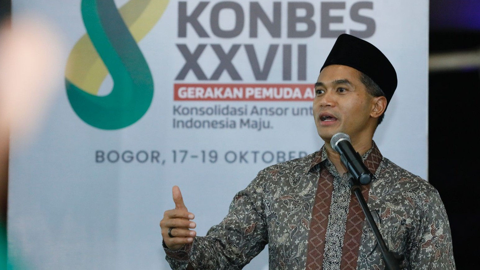 Ketum Kadin Anindya Bakrie saat menjadi keynote speaker dalam acara Konferensi Besar XXVII GP Ansor di Kawasan Sentul City, Bogor, Jawa Barat, Jumat (18/10/2024) malam.