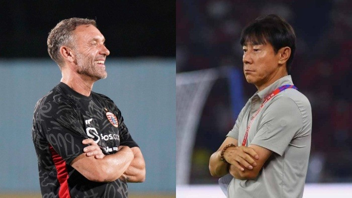 Eks pelatih Persija Jakarta, Thomas Doll (kiri) dan pelatih Timnas Indonesia, Shin Tae-yong (kanan)