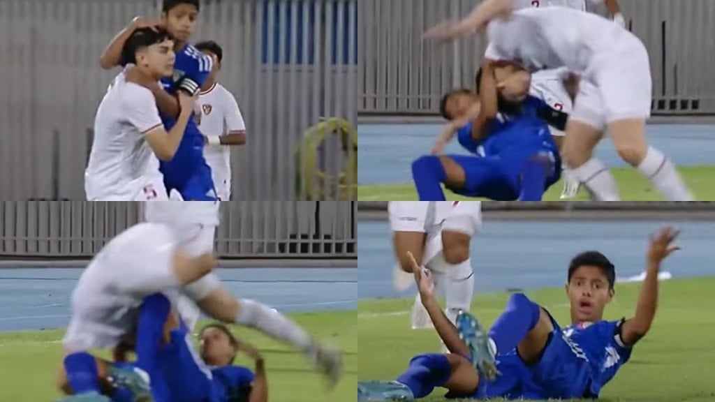 Momen Matthew Baker  di-smackdown  pemain Kuwait di laga Indonesia vs Kuwait dalam Kualifikasi Piala Asia U-17 2025.