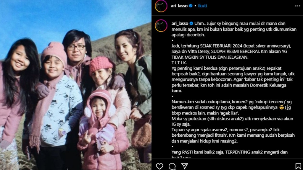 Pengakuan Ari Lasso soal perceraiannya dengan Vitta Dessy yang sudah terjadi sejak Februari 2024 lalu.