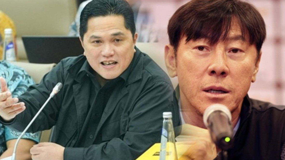 Ketua Umum PSSI Erick Thohir dan pelatih Timnas Indonesia, Shin Tae-yong.