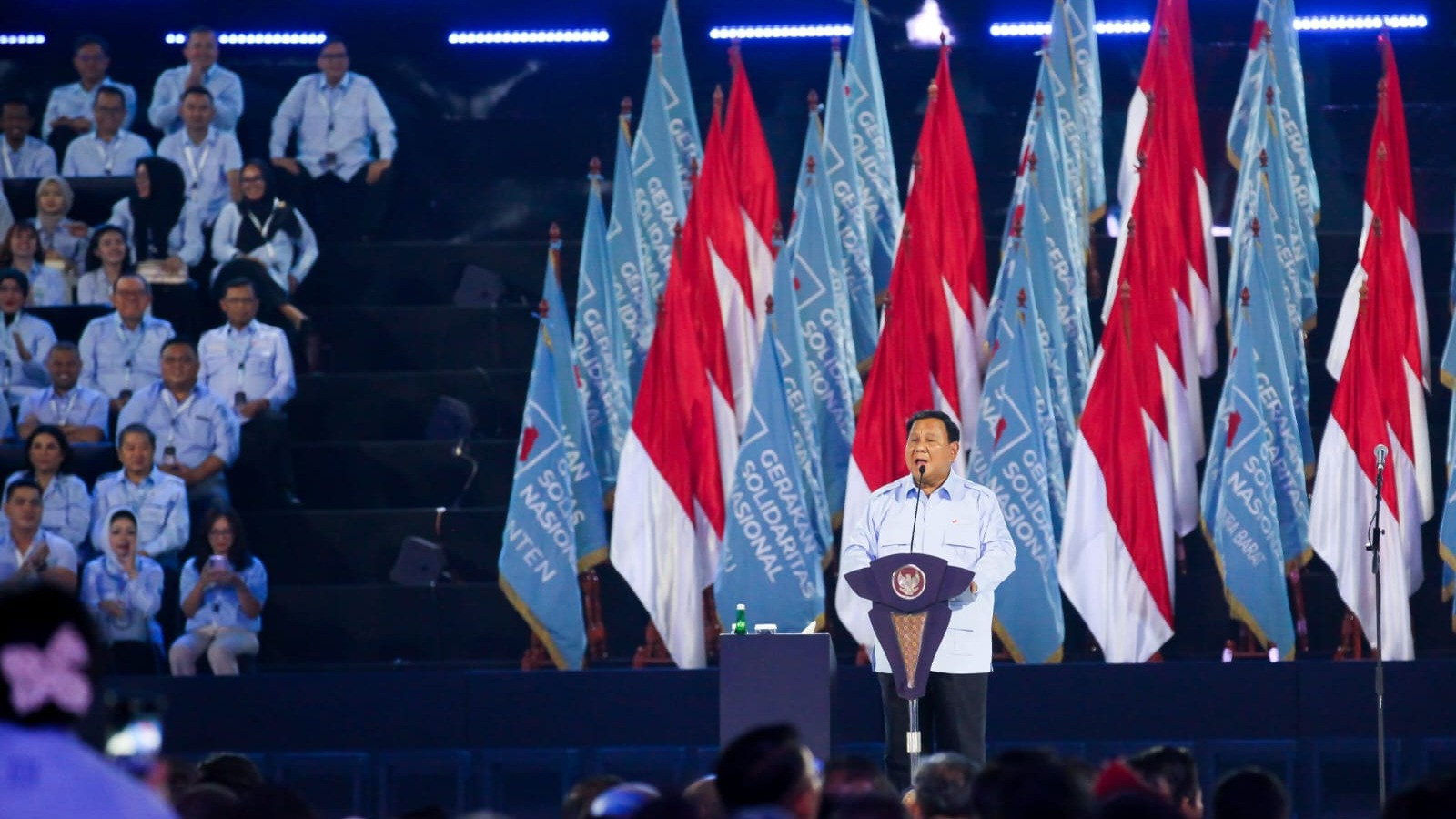 Pidato Presiden RI, Prabowo Subianto dalam acara Deklarasi GSN, Ia meresmikan Gerakan Solidaritas Nasional, di Indonesia Arena, Senayan, Jakarta Pusat, Sabtu (2/11/2024)