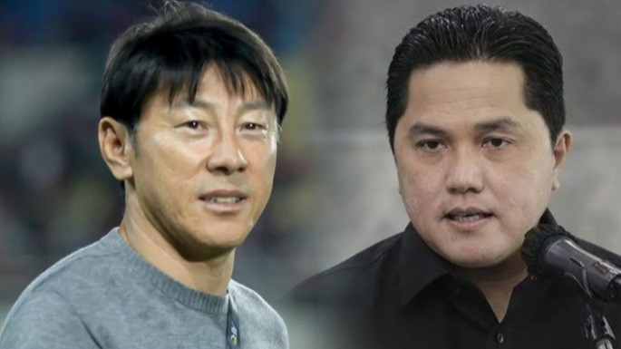 Pelatih Timnas Indonesia, Shin Tae-yong dan Ketua Umum PSSI, Erick Thohir.