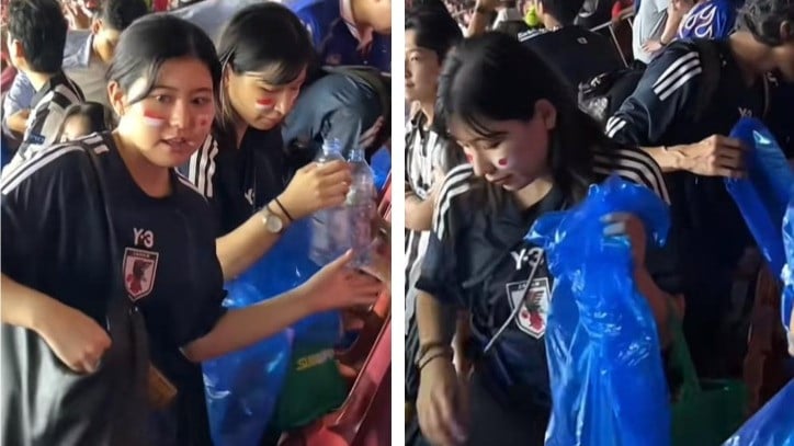 Kolase suporter Jepang bersihkan sampah di sekitar stadion GBK usai laga Timnas Indonesia vs Jepang