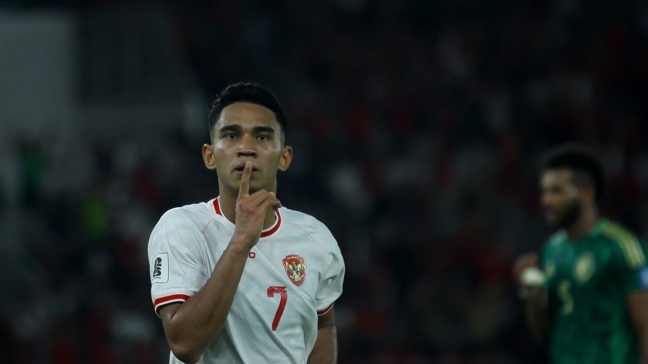 Pemain Timnas Indonesia, Marselino Ferdinan saat selebrasi usai mencetak gol ke gawang Arab Saudi.