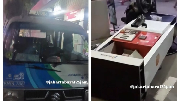 Kolase angkot JakLingko tambak mesin pengisi bahan bakar dan sejumlah motor di SPBU Joglo