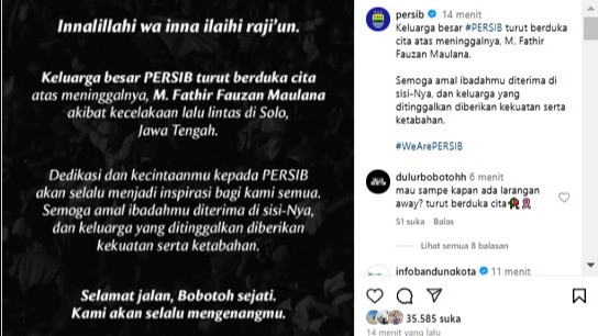 Persib Bandung berduka atas meninggalnya seorang bobotoh jelang laga kontra PSS Sleman