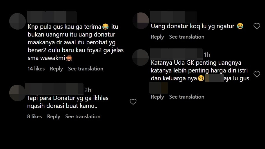 Komentar netizen mengenai pernyataan Agus Salim yang tak ikhlas dunia akhirat uang donasi untuknya dialihkan ke pihak lain.