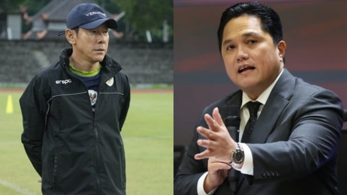 Mantan pelatih Timnas Indonesia, Shin Tae-yong (kiri) & Ketua Umum PSSI, Erick Thohir (kanan)