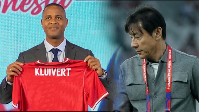 Kolase foto Patrick Kluivert dan Shin Tae-yong.