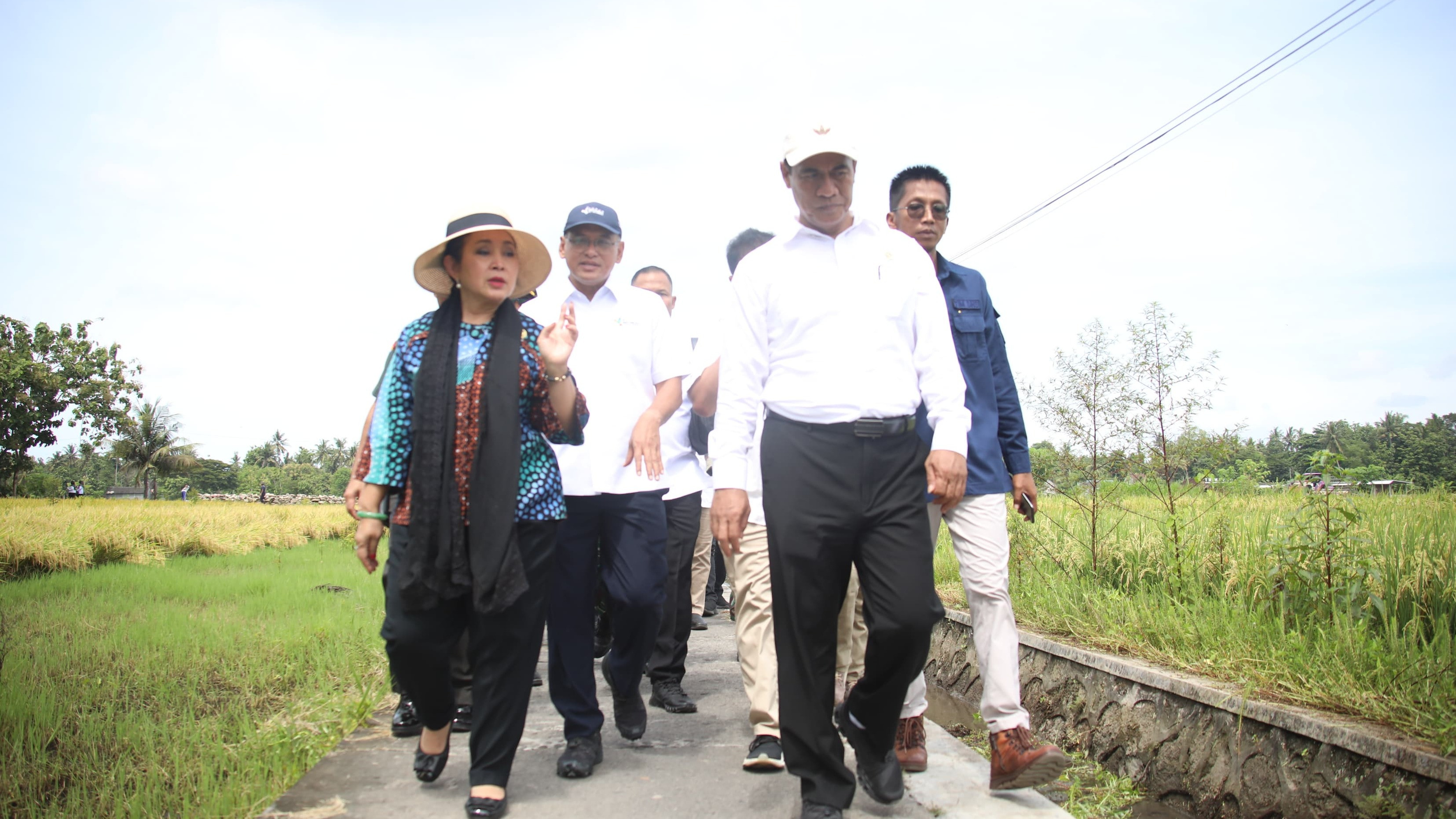 Ketua Komisi IV DPR RI Titiek Soeharto saat meninjau panen raya di Bantul, Yogyakarta, bersama Menteri Pertanian Andi Amran Sulaiman.