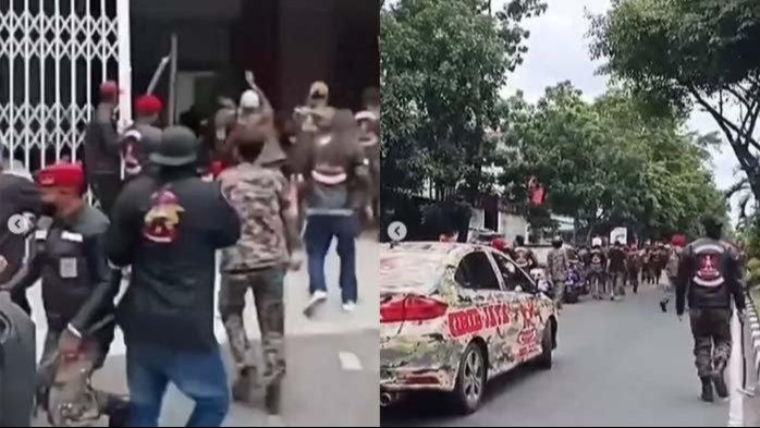 Potret bentrokan GRIB Jaya menyerang markas ormas Pemuda Pancasila (PP) di Bandung, Jawa Barat