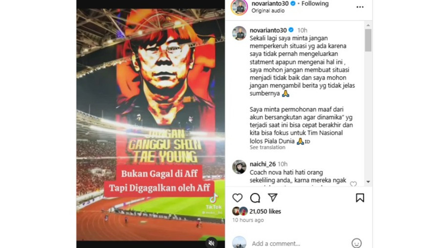 Unggahan Nova Arianto mengenai berita hoax soal Timnas Indonesia