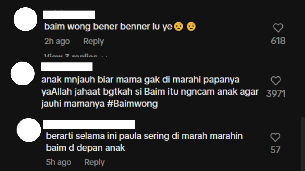 Komentar netizen terhadap Baim Wong yang disebut membuat anaknya takut bertemu Paula Verhoeven