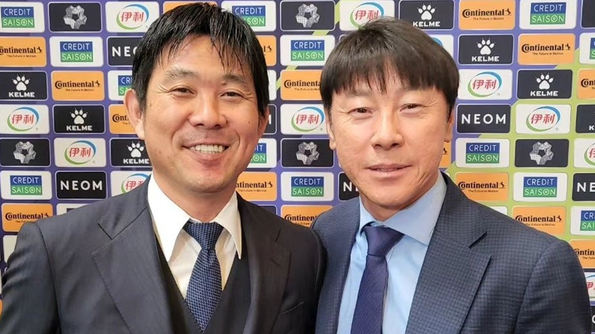 Pelatih Timnas Jepang, Hajime Moriyasu dan Eks Pelatih Timnas Indonesia, Shin Tae-yong