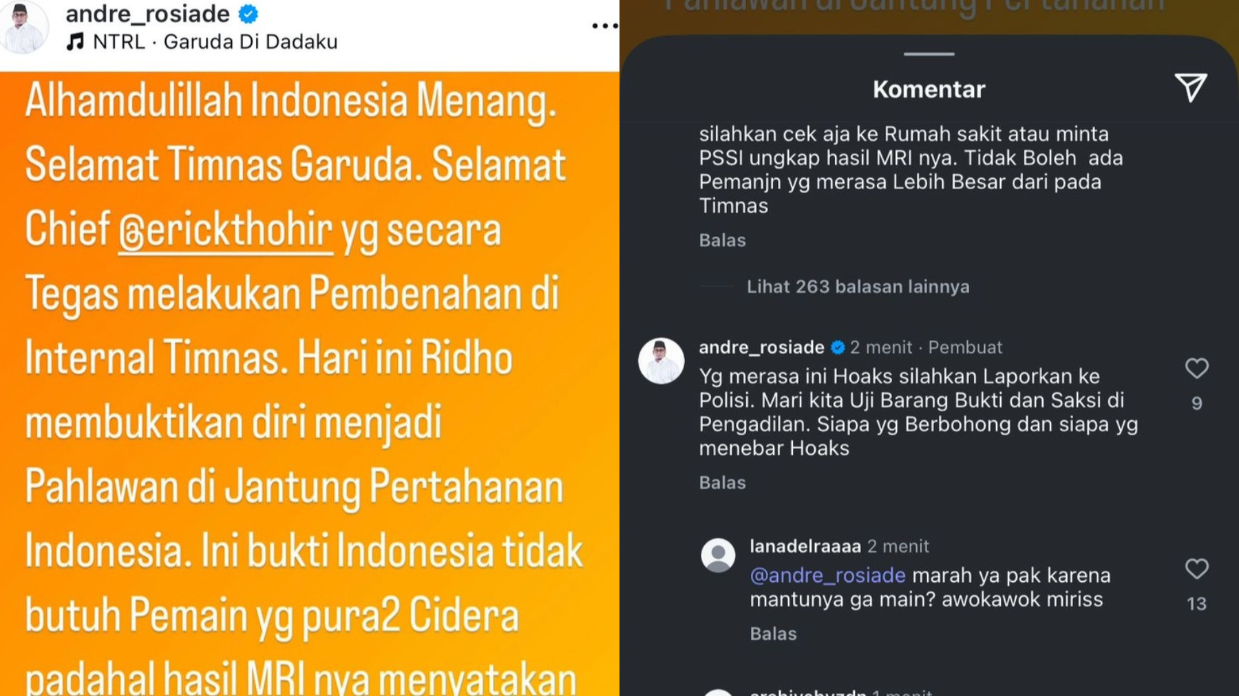 Postingan ayah mertua Pratama Arhan, Andre Rosiade